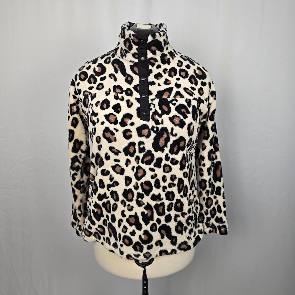 BKE 1/4 Snap Pullover Sweatshirt Women's S Cream Brown Cheetah Leopard Fleece